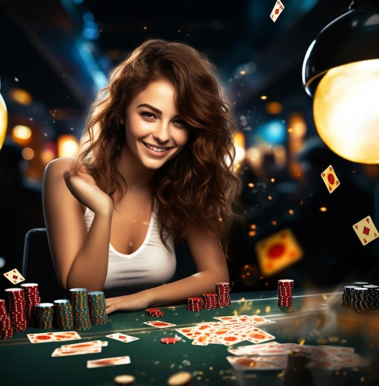 Baccarat table with dealer and live cards